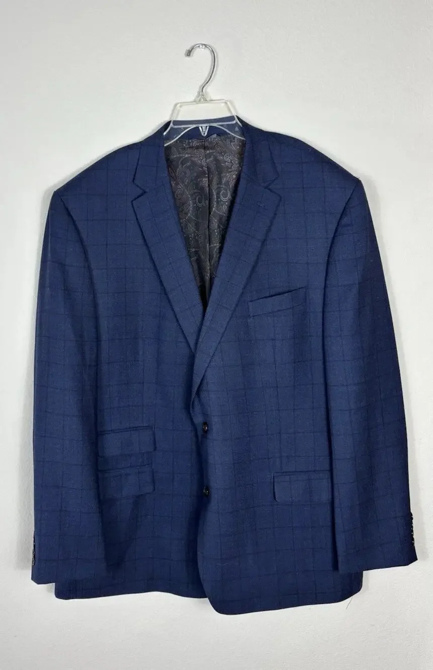 Ralph by Ralph Lauren Mens 50L Navy Blue Windowpane Plaid Wool Blend Blazer